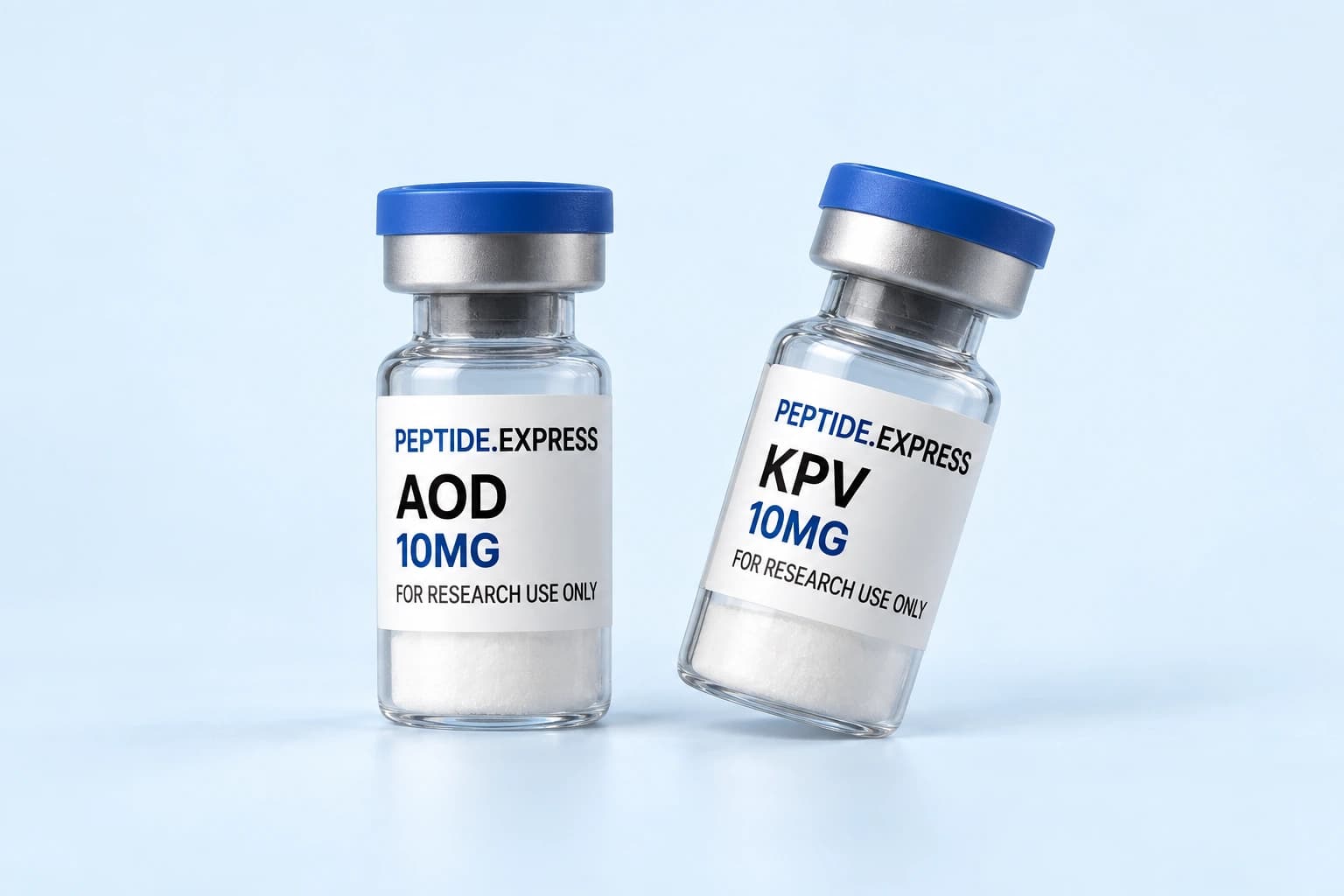 Two Peptide.Express research vials standing side by side on a pale surface. Illustrative packaging photograph.