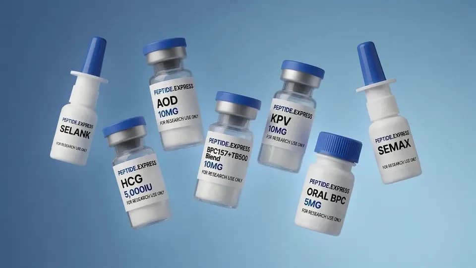 A group of Peptide.Express research vials arranged on a pale surface. Illustrative image.