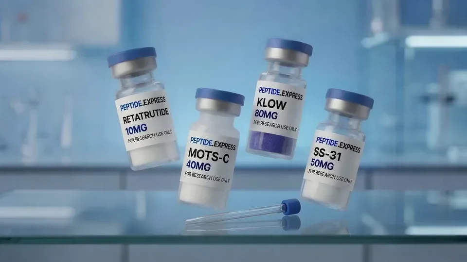 Peptide.Express research vials photographed in a laboratory setting. Illustrative image.