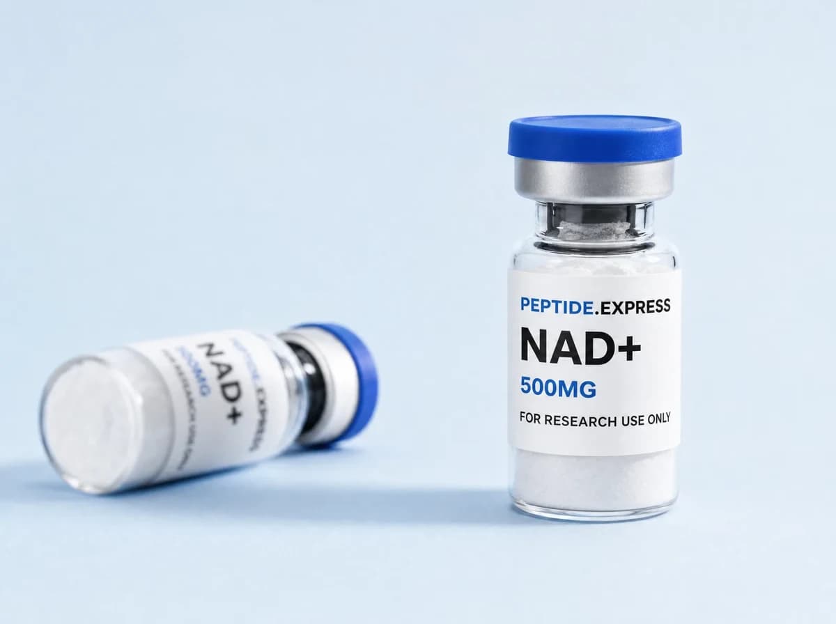 Two Peptide.Express NAD+ research vials on a pale blue surface. Illustrative packaging photograph.