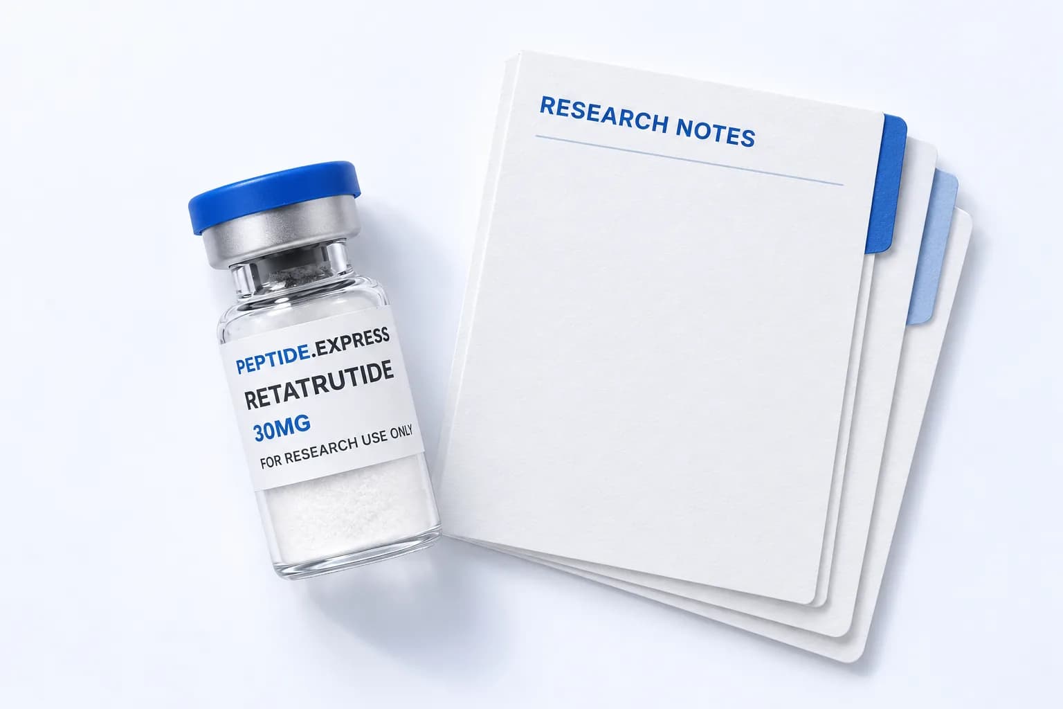 Illustrative Peptide.Express vial beside a notepad. Decorative research-library photograph.