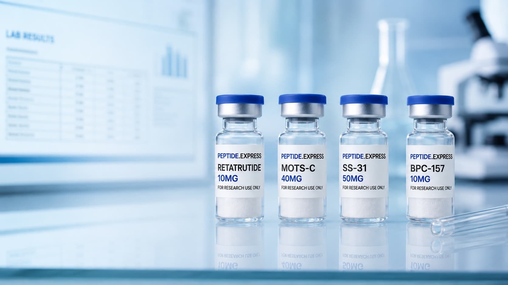 Peptide.Express research peptide vials on a laboratory bench with third-party Certificate of Analysis documentation