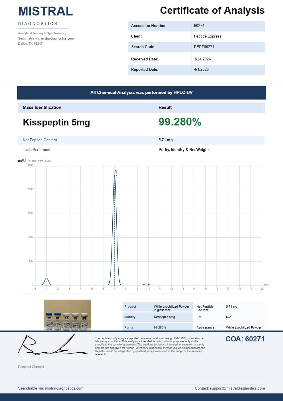 First page of the Kisspeptin 5mg Certificate of Analysis, as issued by the testing laboratory