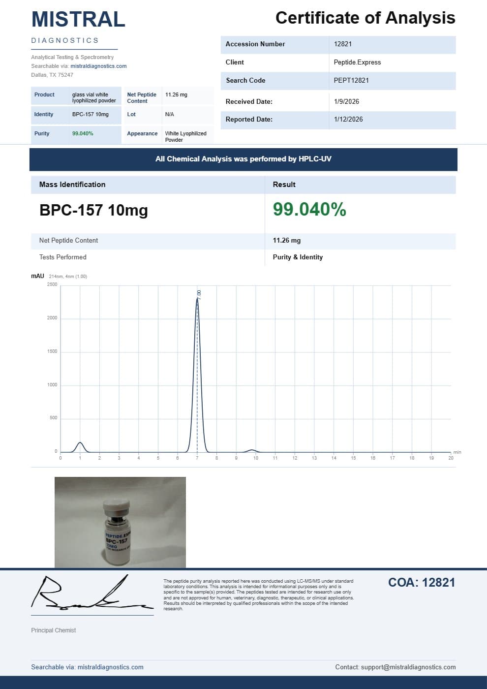 First page of the BPC-157 Certificate of Analysis Batch N/A (printed on CoA), as issued by the testing laboratory