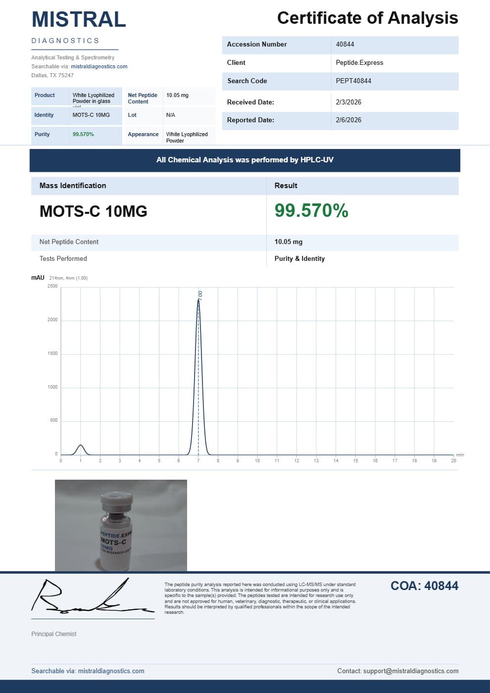 First page of the MOTS-C Certificate of Analysis, as issued by the testing laboratory